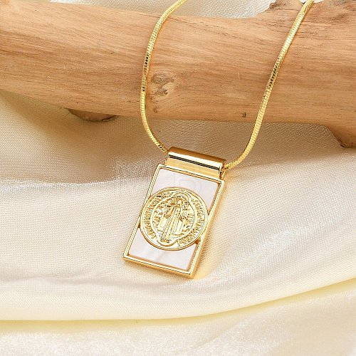 Brass Pave Shell Rectangle Saint Benedict Medal Pendants Necklaces for Women NJEW-Z053-01G-01-1