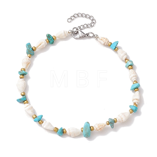 Synthetic Turquoise Chips & Natural Trumpet Shell Beaded Anklets AJEW-AN00585-1