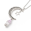 Natural Purple White Jade Bullet with Alloy Moon and Star Pendant Necklace NJEW-JN03912-02-4