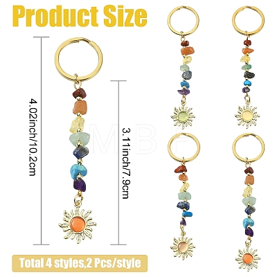 8Pcs 4 Styles Alloy Cat Eye Sun Pendant with Gemstone Chip Keychains KEYC-YW00252-1