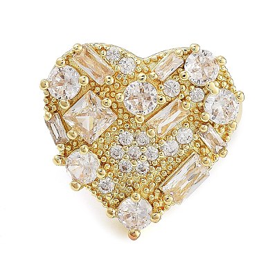 Rack Plating Brass Micro Pave Cubic Zirconia Heart Open Cuff Rings for Women RJEW-C080-05G-1