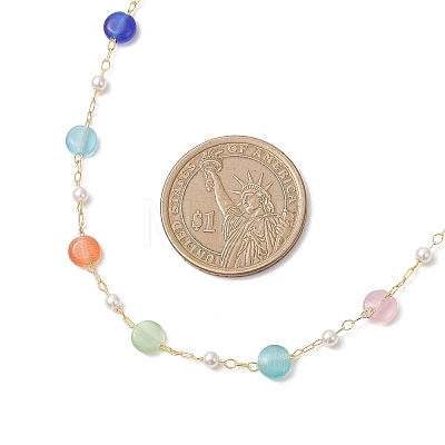 Colorful Flat Round Cat Eye & Plastic Imitation Pearl Brass Handmade Link Chain Necklaces for Women NJEW-JN05743-1