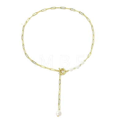 Natural Baroque Keshi Pearl Oval Tassel Brass Paperclip Chain Lariat Necklaces for Women NJEW-JN06009-1