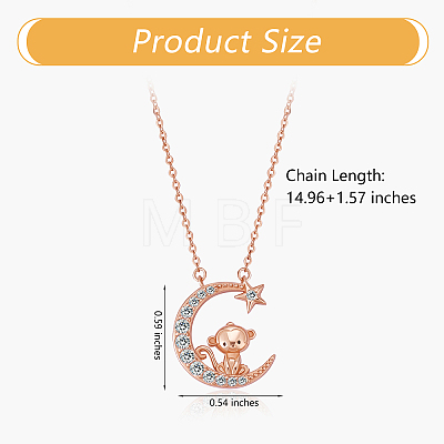 Chinese Zodiac Necklace Monkey Necklace 925 Sterling Silver Rose Gold Monkey on the Moon Pendant Charm Necklace Zircon Moon and Star Necklace Cute Animal Jewelry Gifts for Women JN1090I-1