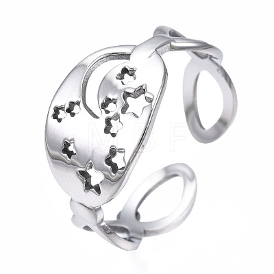 304 Stainless Steel Moon and Star Open Cuff Ring RJEW-T023-12P-1