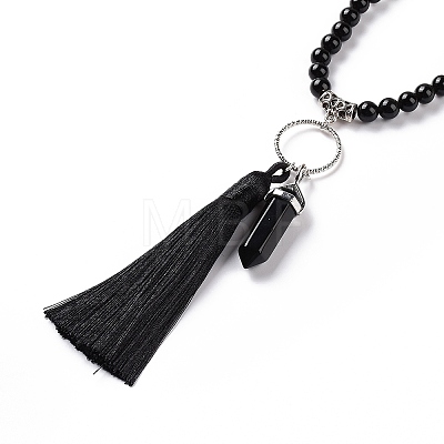 Natural Obsidian Bullet & Tassel Pendant Necklace with Mixed Gemstone Beaded Chains NJEW-E585-02A-1