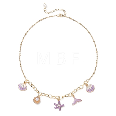 Ocean Alloy Enamel Whale Tail Shell Shape Starfish Pendant Brass Cable Chain and 304 Stainless Steel Satellite Chain Bib Necklaces for Women NJEW-JN05815-03-1
