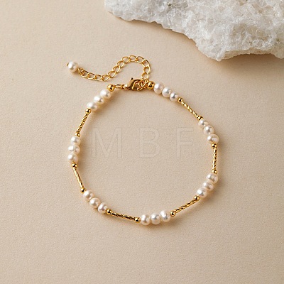 Natural Freshwater Pearl Potato Beaded Brass Tube Link Bracelets for Women TP7024-1-1