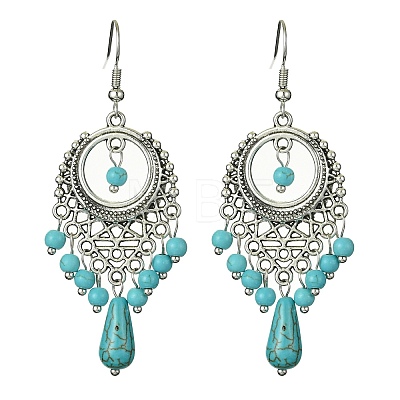 Synthetic Turquoise Beaded Long Drop Earrings EJEW-JE05389-02-1