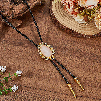 Natural Rose Quartz with PU Leather Lariat Necklace NJEW-WH20010-02D-1