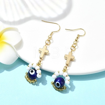 Handmade Seed Evil Eye & Cross Dangle Earrings EJEW-MZ00227-05-1