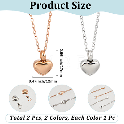 2Pcs 2 Colors 304 Stainless Steel Heart Urn Ashes Necklaces NJEW-CN0001-28A-1