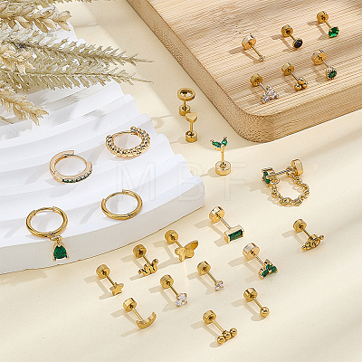 25Pcs Stainless Steel Pave Green and Clear Cubic Zirconia Cartilage Earring Sets EJEW-PH0001-53-1