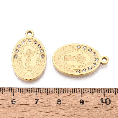 Religion 304 Stainless Steel & Rhinestone Oval Pendants STAS-T073-09G-1