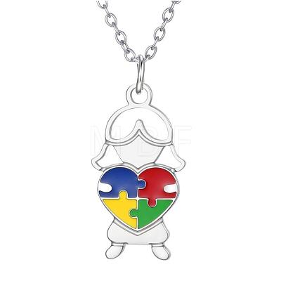 304 Stainless Steel Enamel Autism Awareness Girl Pendant Necklaces WGE6A57-04-1