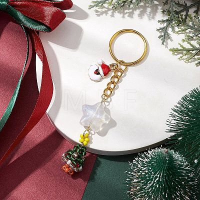 Christmas Theme Glass Seed Beads & Alloy Enamel Charms Keychain KEYC-MZ00008-1