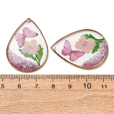 Brass & Transparent Epoxy Resin & Dried Flower Pendants RESI-G133-05G-03-1