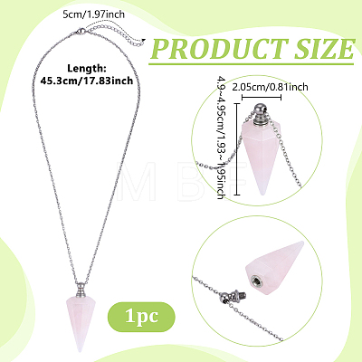Natural Rose Quartz Faceted Cone Pendant Perfume Bottle Necklaces with 304 Stainless Steel Cable Chain NJEW-WH0002-266B-1