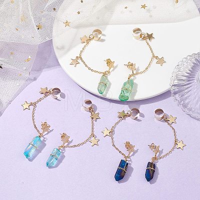 3 Pairs 3 Color Dyed Natural Quartz Crystal Irregular Nuggets Dangle Stud Earrings Crawler Earrings EJEW-TA00354-1