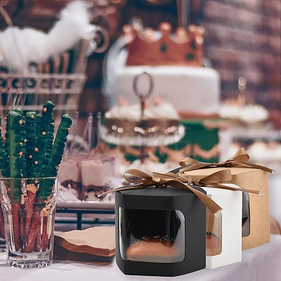 10Pcs Hexagon Kraft Paper Cake Boxes with Visual Window and Ribbon CON-YW0001-88A-1