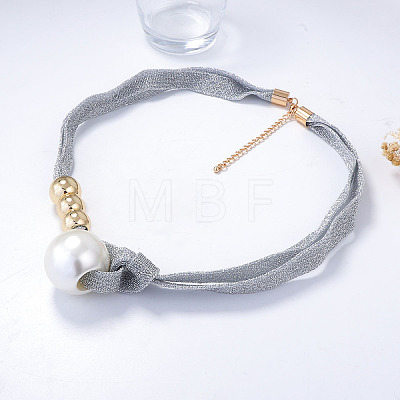 White Imitation Pearl Round Pendant Cloth Cord Necklaces with CCB Plastic Beads for Women WGDA1DD-01-1