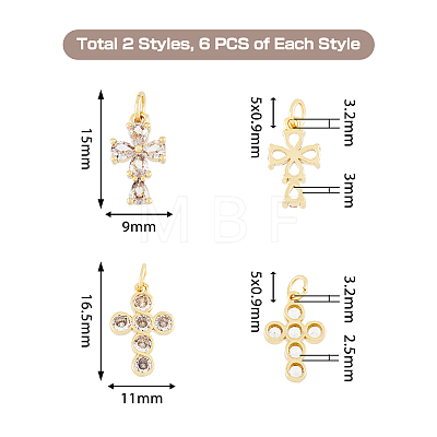 12Pcs 2 Style Rack Plating Brass Micro Pave Clear Cubic Zirconia Pendants ZIRC-HY0001-02-1
