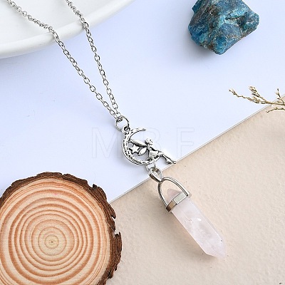 Natural Rose Quartz Hexagonal Prism Pointed Faceted Bullet and Alloy Fairy Pendant Necklaces for Women VW3662-4-1