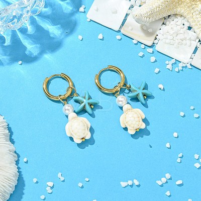 Tortoise & Starfish Synthetic Turquoise Hoop Earrings EJEW-JE07147-02-1