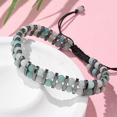 Natural Flower Amazonite and Synthetic Hematite Adjustable Braided Bead Bracelets BJEW-H626-01-06-1