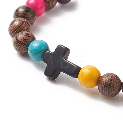 Dyed Synthetic Turquoise Cross & Wood Round Beaded Stretch Bracelet for Women BJEW-JB09276-1