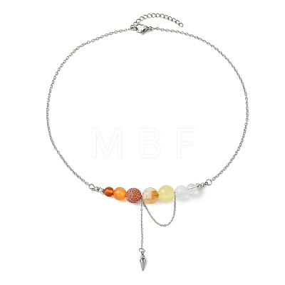 Natural Carnelian & Red Agate & Quartz Crystal Round Graduated Beaded Pendant 304 Stainless Steel Cable Chain Necklaces for Women NJEW-TA00242-01-1