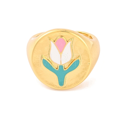 Round with Tulip Brass Enamel Open Cuff Rings RJEW-U009-05A-G-1