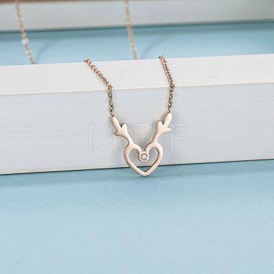 Deer Antler Heart Stainless Steel Rhinestone Pendant Necklaces DZ8057-1