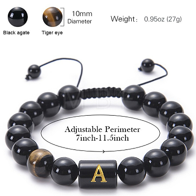 10MM Natural Black Onyx(Dyed & Heated) and Tiger Eye Alphabet Round Braided Bead Adjustable Bracelets for Women DM6424-1-1