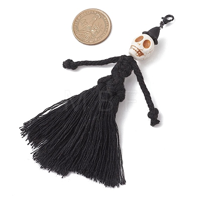 Halloween Cotton Threads Tassel & Synthetic Turquoise Skull Pendant Decorations HJEW-JM03757-01-1