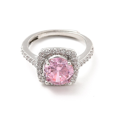 Pink Cubic Zirconia Rectangle Adjustable Ring RJEW-E064-01P-01-1