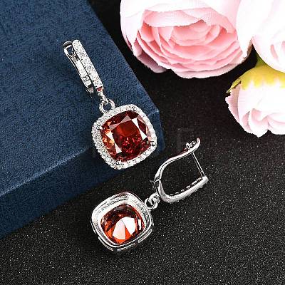 925 Sterling Silver Pave Cubic Zirconia Square Hoop Earrings EJEW-C150-01A-01-1