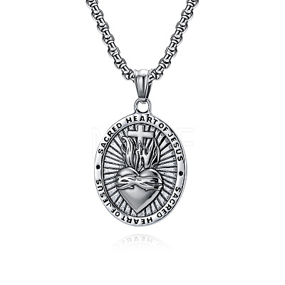 304 Stainless Steel Sacred Heart of Jesus Pendant Box Chain Necklaces for Men FS-WG81DA6-01-1