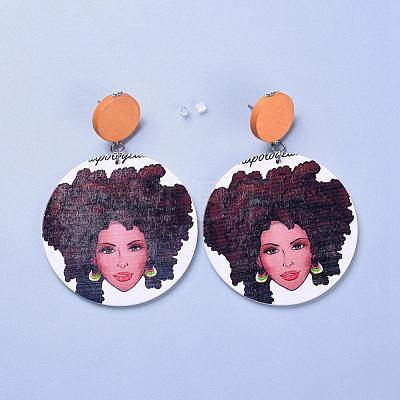 Dyed Printed Fashion Lady Wooden Dangle Stud Earrings EJEW-JE03221-02-1