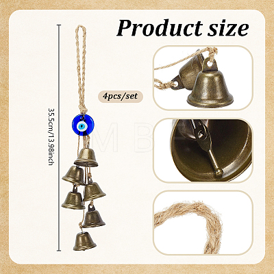 4Pcs Iron Bell with Handmade Lampwork Flat Round Evil Eye Pendant Decorations HJEW-PH02575-1