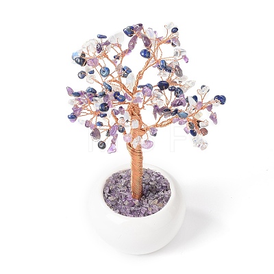 Natural & Synthetic Gemstone Chips with Brass Wrapped Wire Money Tree on Ceramic Vase Display Decorations DJEW-B007-02D-1