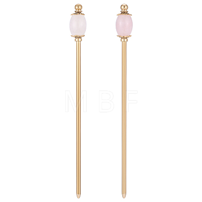 2Pcs Natural Rose Quartz Barrel Bead with Brass Hair Sticks OHAR-PH00014-1