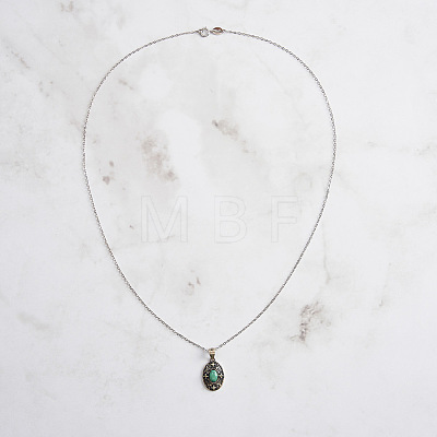 Natural Turquoise & Cubic Zirconia Oval Pendant Necklaces NJEW-L125-002ASP-1