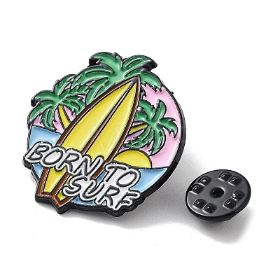 Summer Vacation Series Surfboard with Coconut Tree Alloy Enamel Pin Brooch JEWB-C029-09A-1