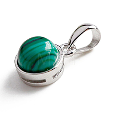 Rhodium Plated 925 Sterling Silver Pave Natural Malachite Half Round Charms G-NH0001-12J-1