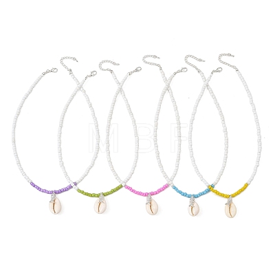 Summer Beach Natural Cowrie Shell & Alloy Fishbone Pendant Glass Beaded Necklaces for Women NJEW-JN06578-1