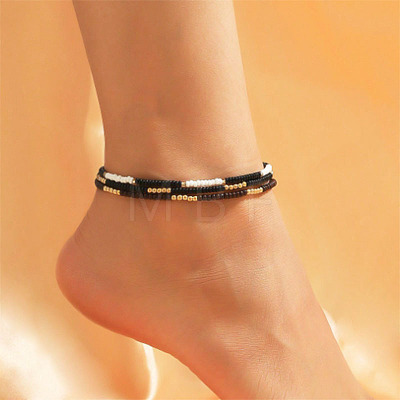 3Pcs Bohemian Style Glass Seed Rondelle Beaded Stretch Anklets for Women WG3334E-04-1