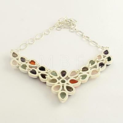 Gemstone Bib Statement Necklaces with Alloy Cabochon Settings and Silver Color Plated Brass Chains  NJEW-R224-07B-B-1