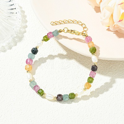 Natural Multicolor Tourmaline & Brass Beaded Bracelets for Women BJEW-JB13959-1
