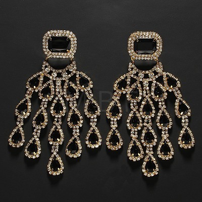 Rectangle with Teardrop Brass Rhinestone Dangle Stud Earrings FS-WG1781C-02-1